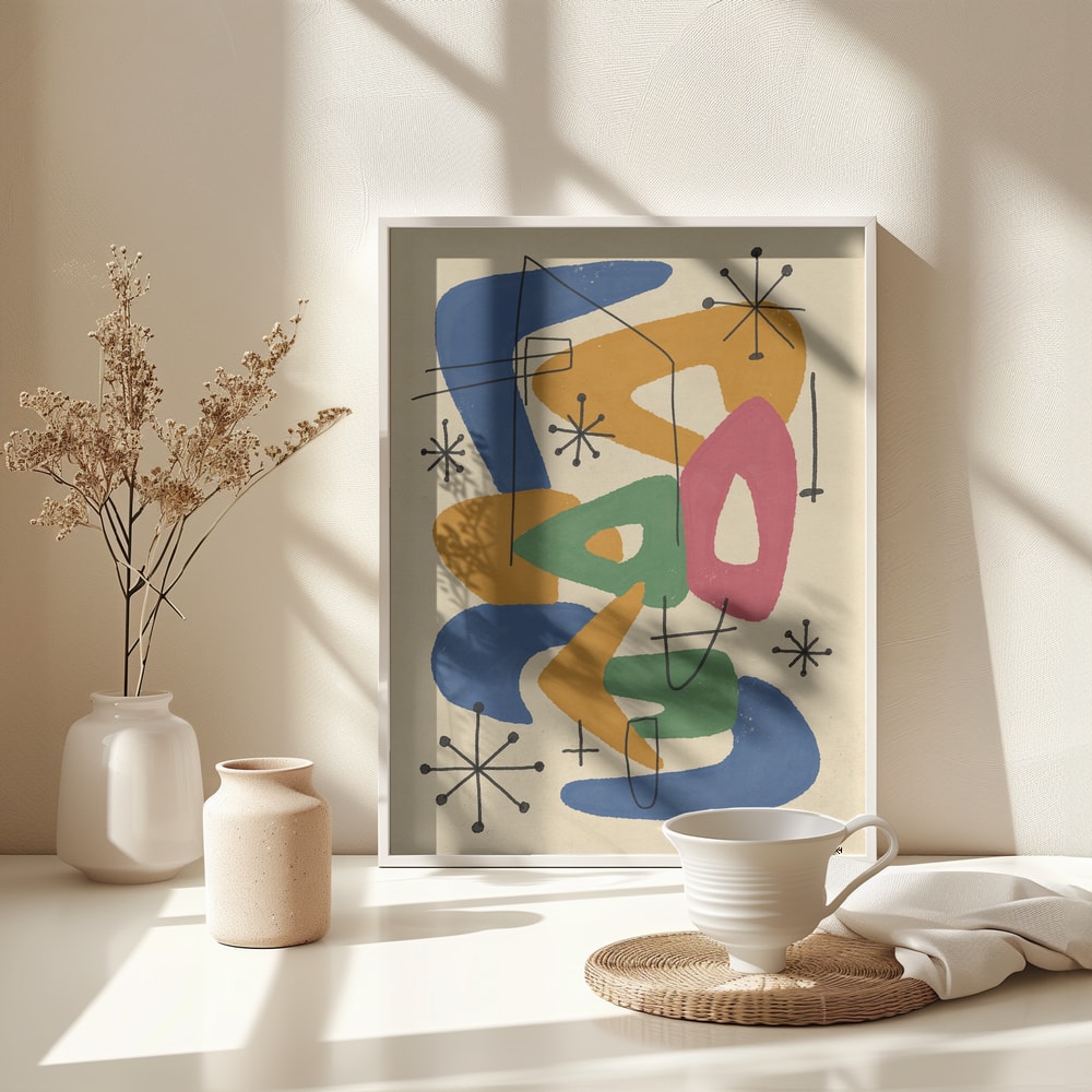 Abstrakte Bumerangformen in Blau, Orange, Grün und Pink mit Sternen im Midcentury-Stil