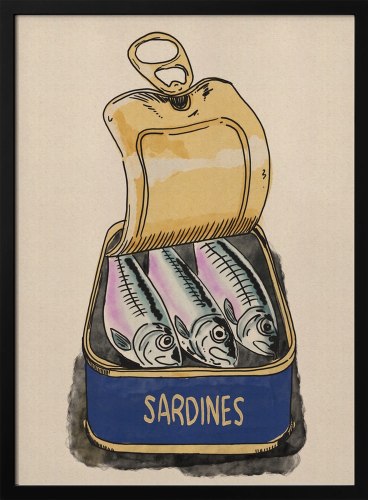 Illustration einer geöffneten Sardinendose mit drei Fischen