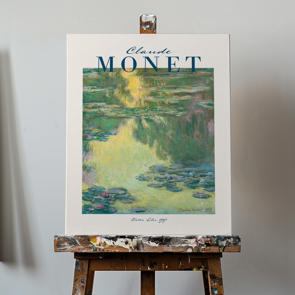Ausstellungsplakat Claude Monet mit Seerosen auf grünem Wasser, dunkelblauer Schriftzug