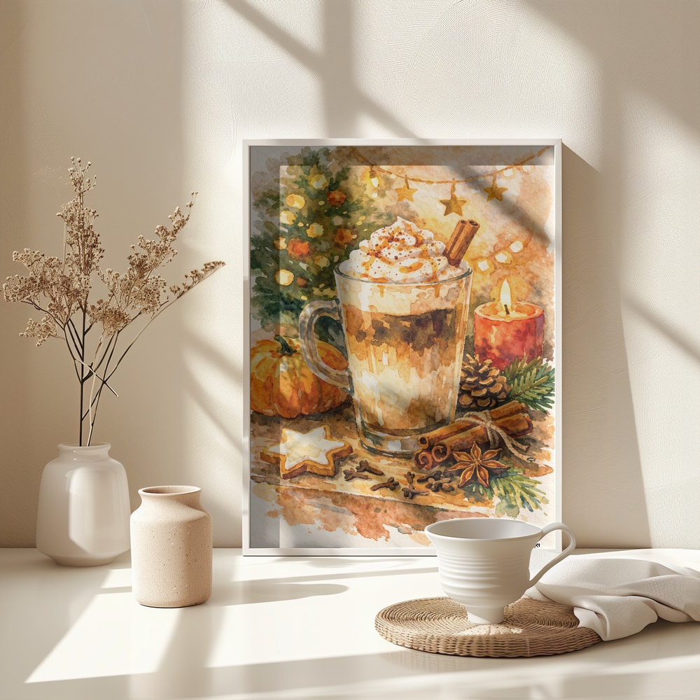 Aquarell eines Latte mit Sahnehaube, Zimtstangen, Sternanis, Lebkuchen und Kerze vor Weihnachtsbaum