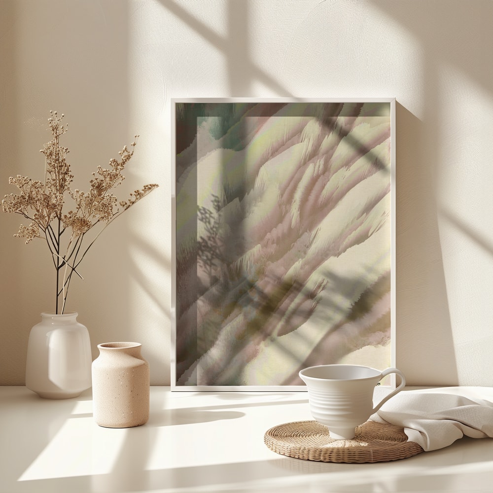 Abstrakte, fließende Formen in Creme, Rosé und Salbeigrün