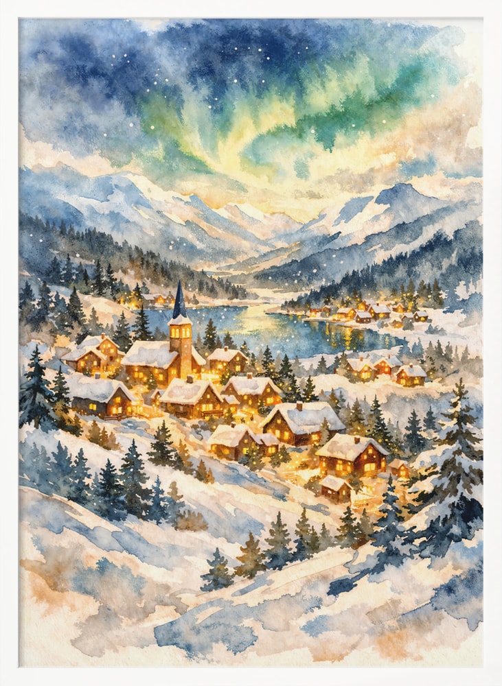 Winterdorf unter Polarlichtern