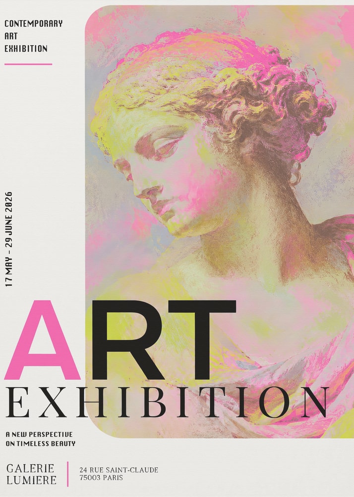 Ausstellungsplakat mit antiker Büste in Pink und Gelb und Schriftzug Art Exhibition