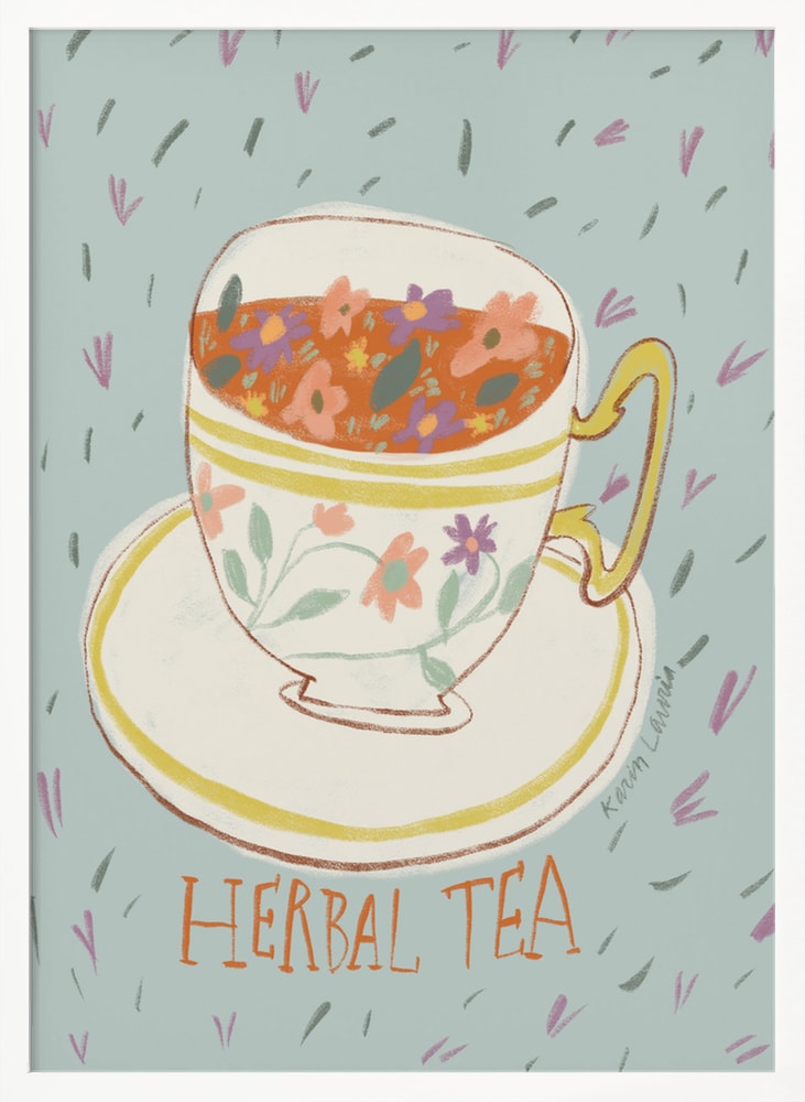 Illustration einer verzierten Tasse mit Blütentee und Schriftzug Herbal Tea auf mintfarbenem Hintergrund