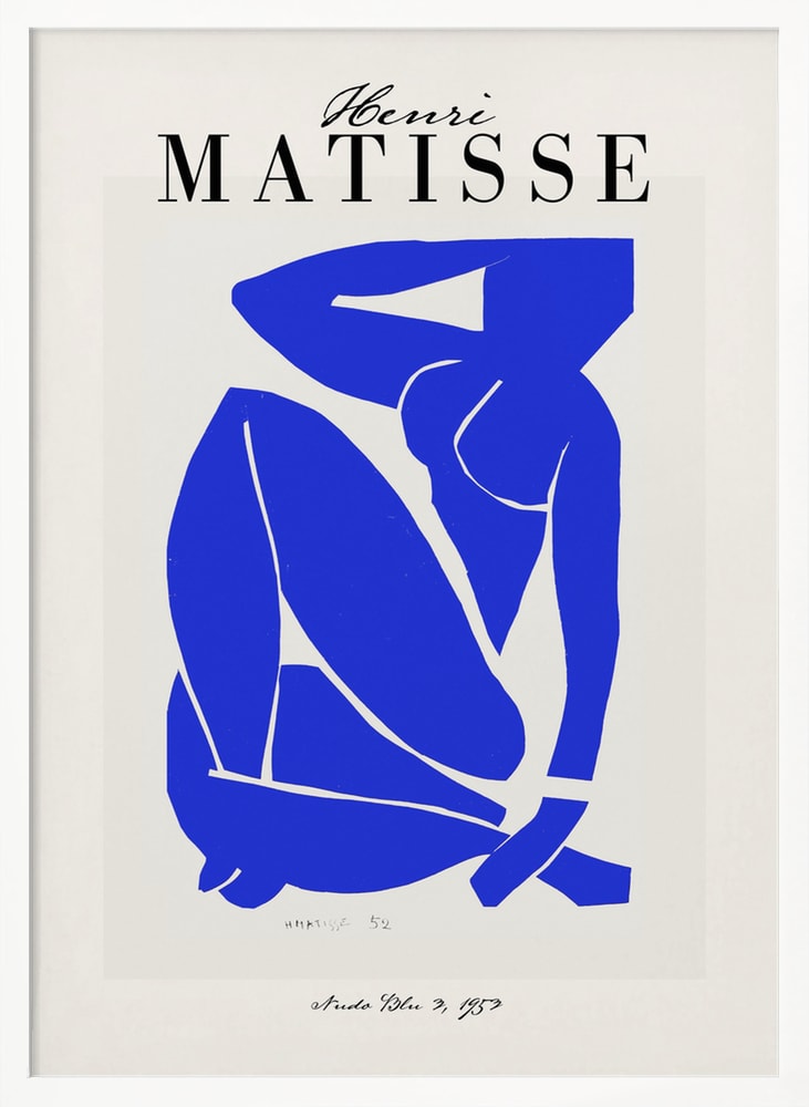 Ausstellungsplakat Henri Matisse mit blauem Scherenschnitt einer sitzenden Figur