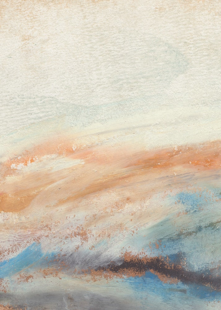 Abstrakte Malerei mit Pinselstrichen in Creme, Pfirsich und Blau, die einen Horizont andeuten