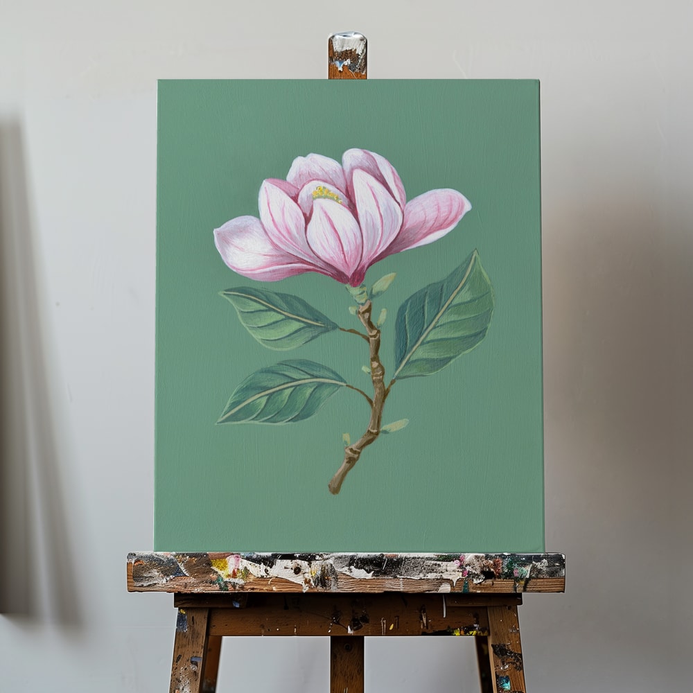 Illustration eines Magnolienzweigs mit rosa Blüte auf salbeigrünem Hintergrund