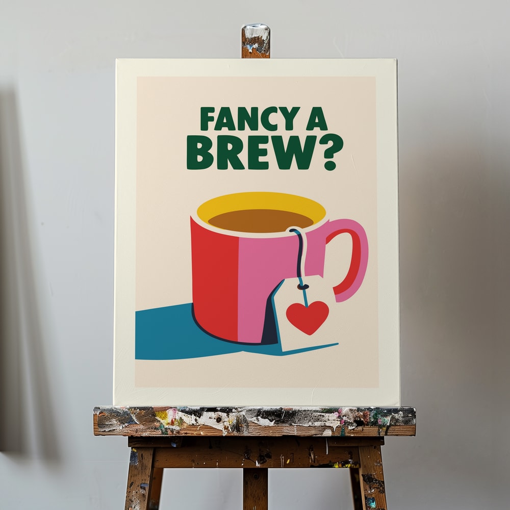 Illustration einer roten Tasse mit Teebeutel und Herzanhänger, Schriftzug Fancy a Brew