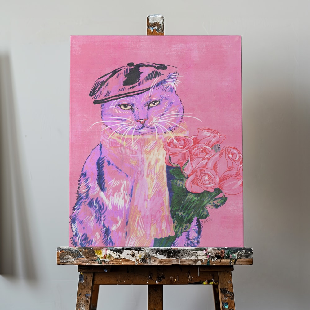 Illustration einer lila Katze mit Baskenmütze und Schal, die rosa Rosen hält, auf pinkem Hintergrund