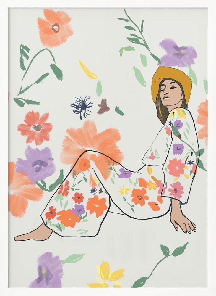 Illustration einer sitzenden Frau mit gelbem Hut im Blumenkleid zwischen bunten Blüten