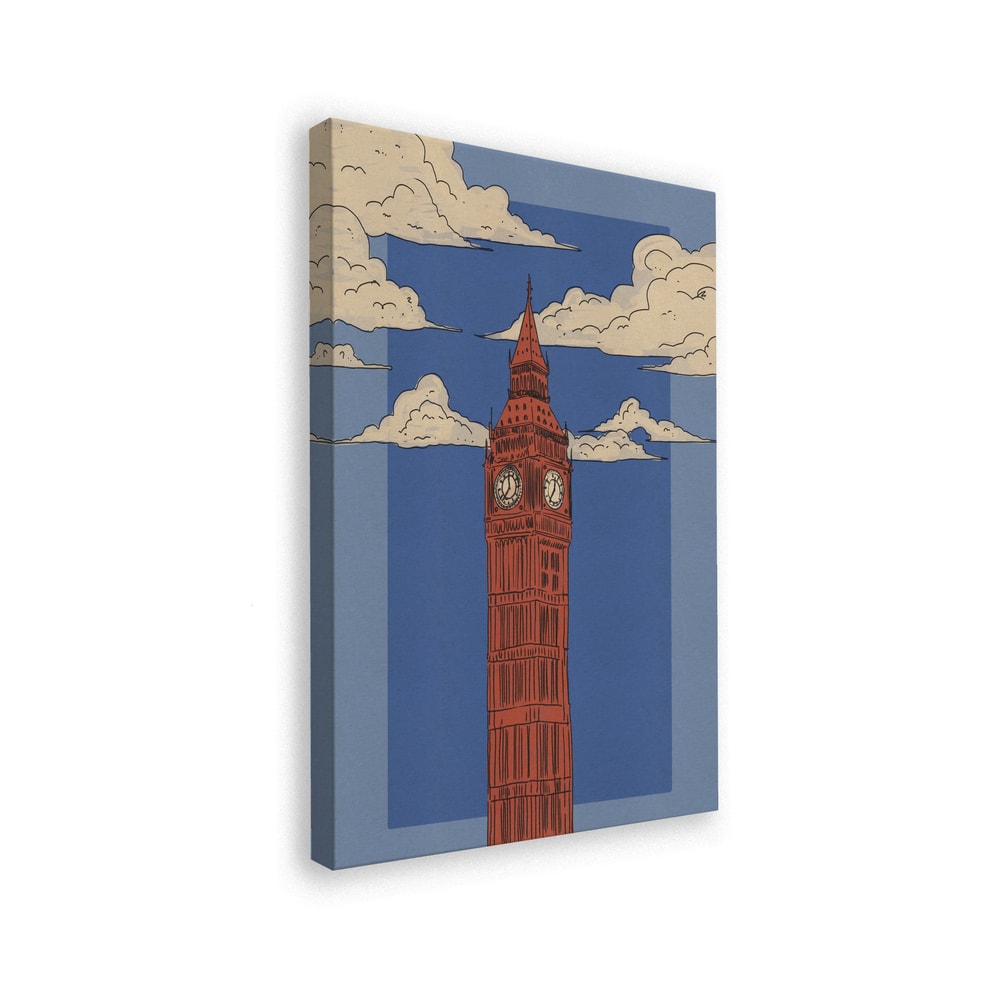 Illustration des Big Ben in Rot vor blauem Himmel mit Wolken