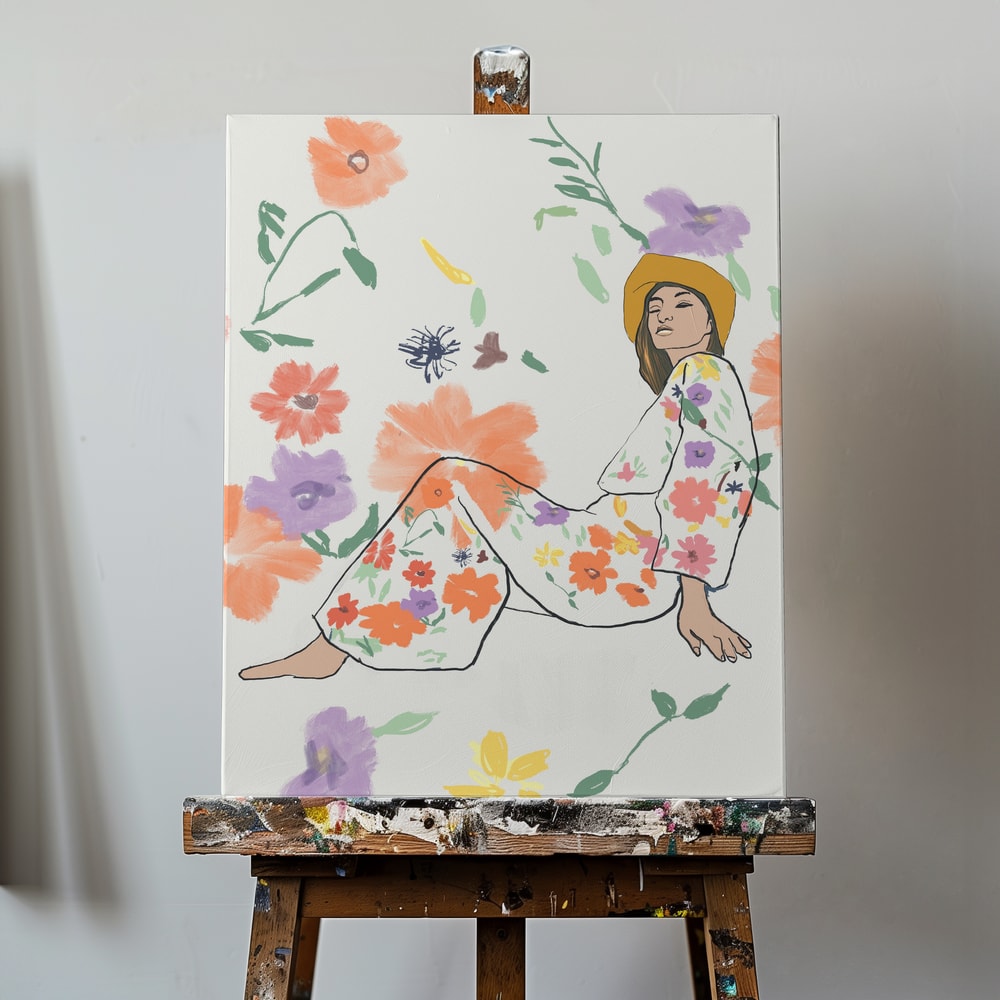 Illustration einer sitzenden Frau mit gelbem Hut im Blumenkleid zwischen bunten Blüten