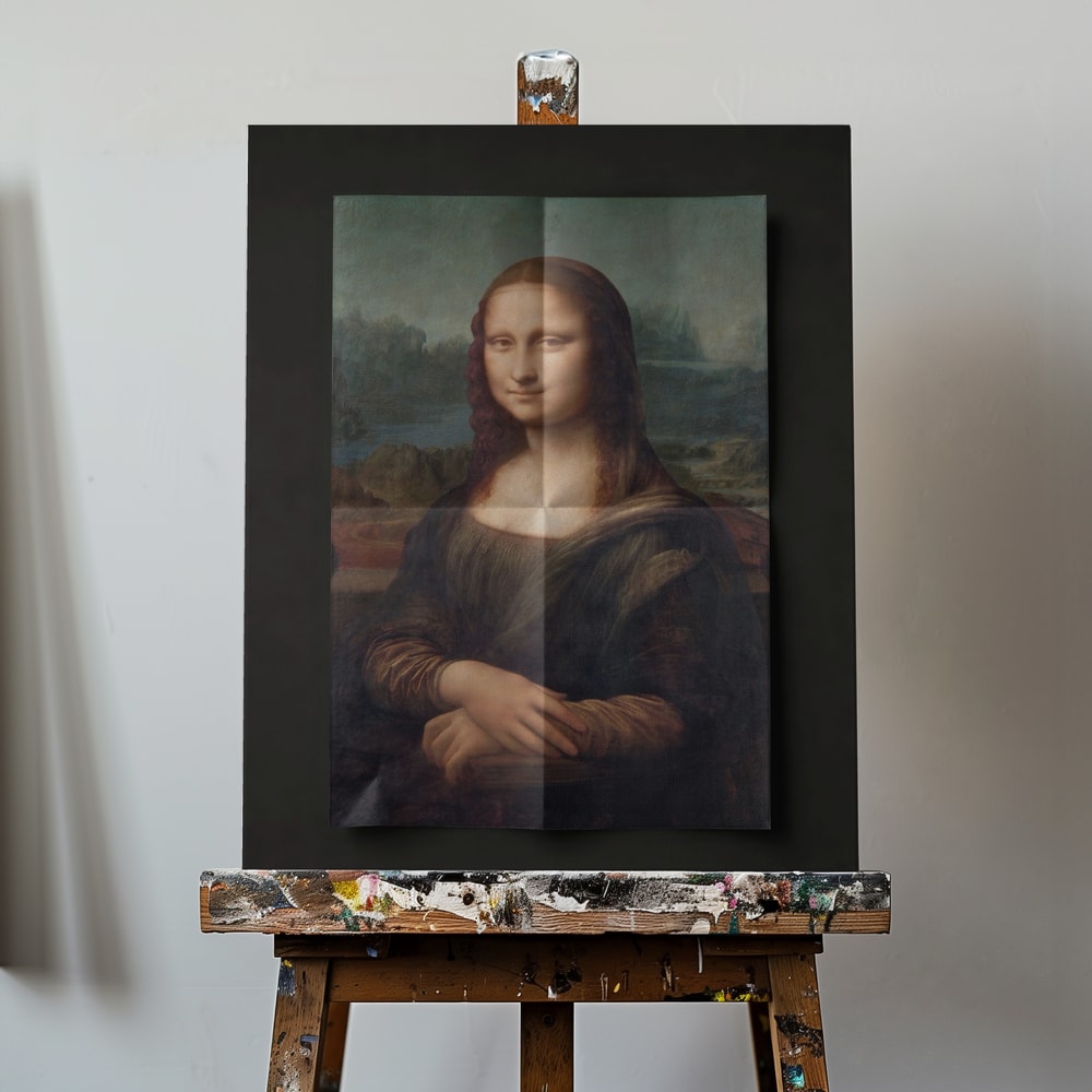 Mona Lisa als gefaltetes Poster mit Knickfalten vor dunklem Hintergrund
