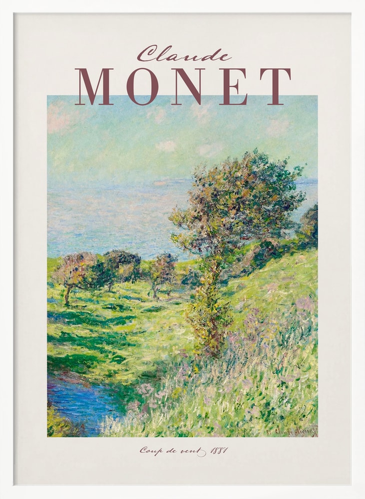 Ausstellungsplakat Claude Monet mit dem Gemälde Windstoß, Schriftzug in Mauve