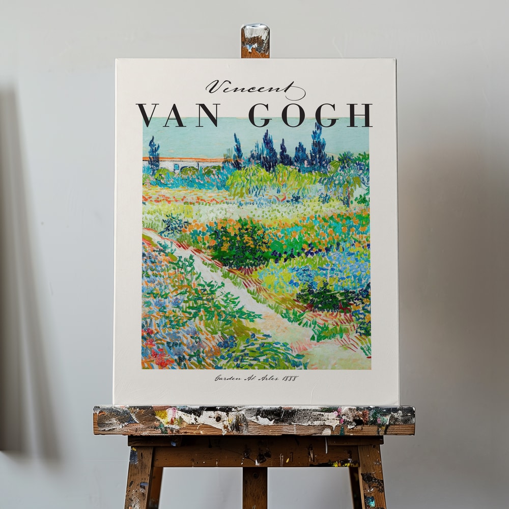 Ausstellungsplakat Vincent van Gogh mit dem Gemälde Garten in Arles, schwarzer Schriftzug oben