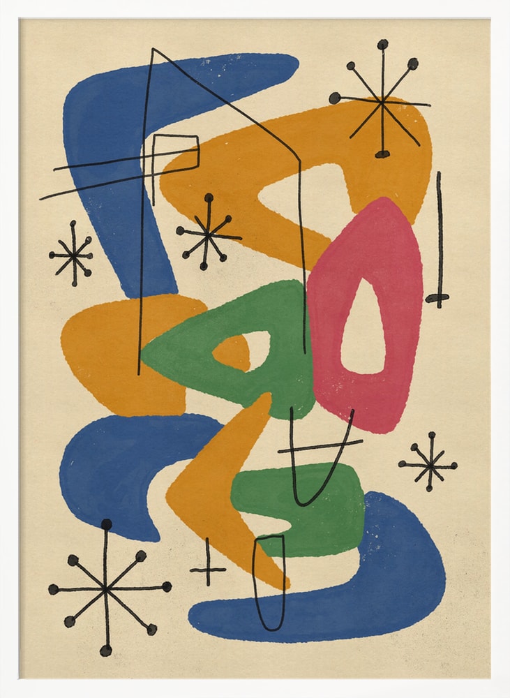 Abstrakte Bumerangformen in Blau, Orange, Grün und Pink mit Sternen im Midcentury-Stil
