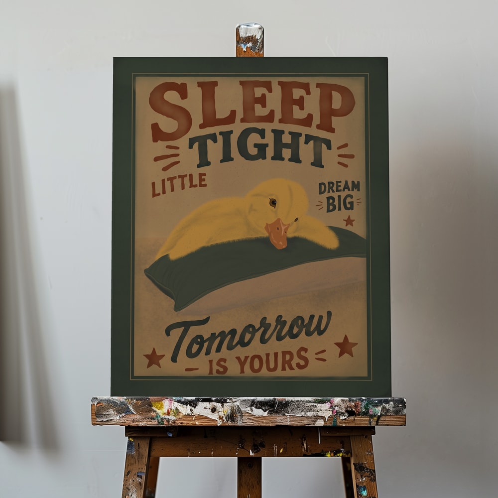 Retro-Plakat mit schlafendem gelbem Entenküken und Schriftzug Sleep Tight Little, Dream Big, Tomorrow is yours
