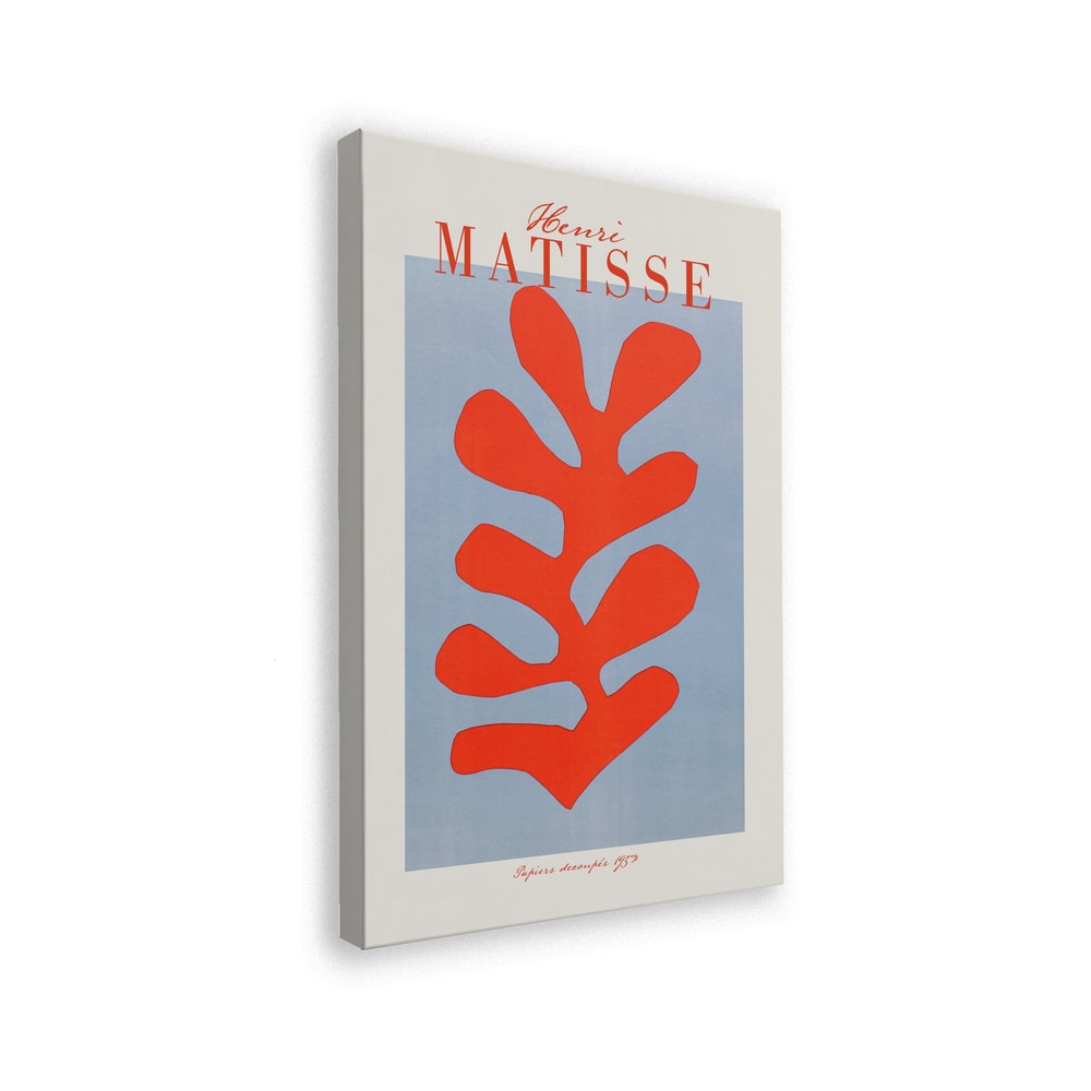 Ausstellungsplakat Henri Matisse mit korallenrotem Scherenschnitt-Blatt auf hellblauem Grund, roter Schriftzug