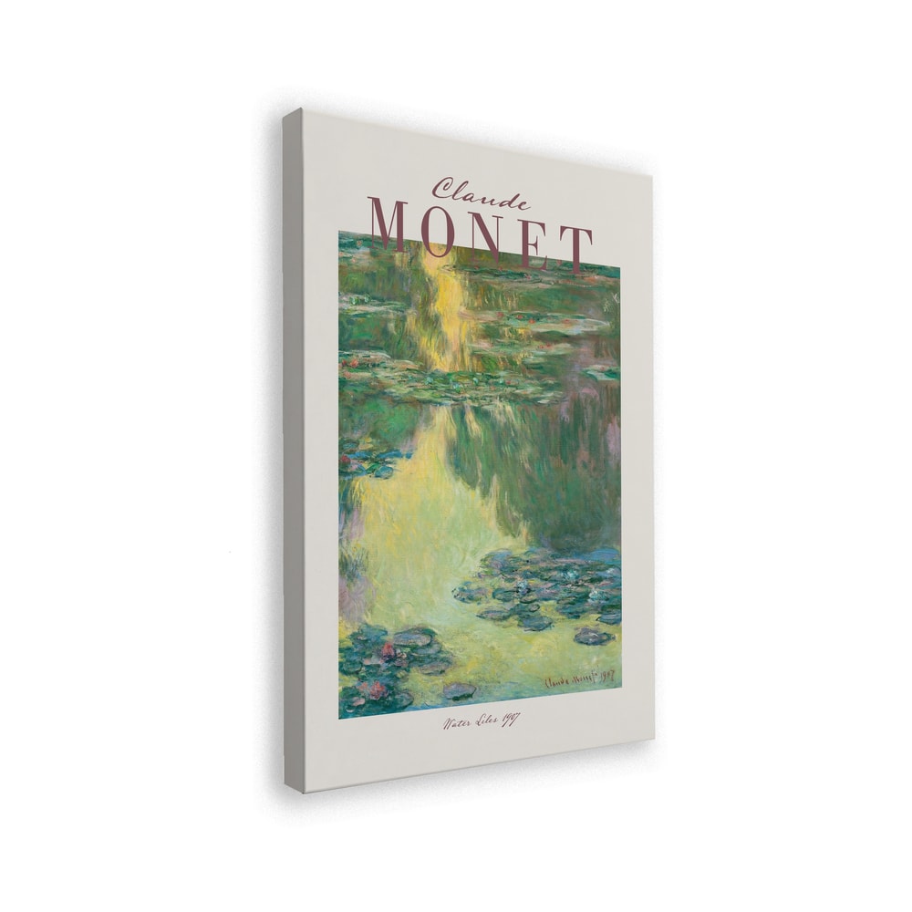 Ausstellungsplakat Claude Monet mit Seerosen auf grünem Wasser, roséfarbener Schriftzug