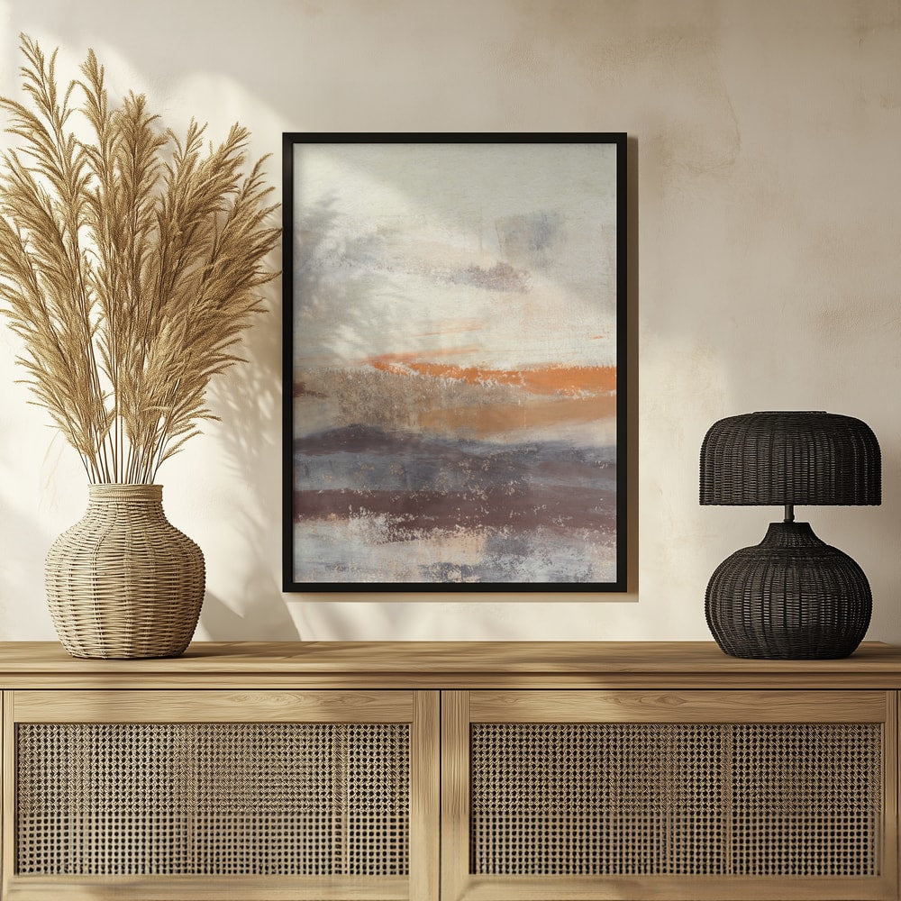 Abstrakte Malerei mit horizontalen Pinselstrichen in Creme, Taupe, Orange und Pflaume