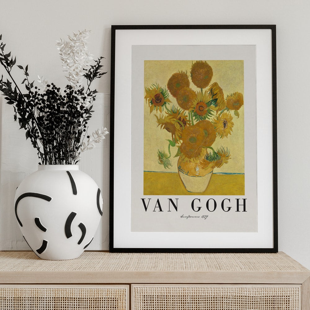 Ausstellungsplakat Vincent van Gogh mit dem Gemälde Sonnenblumen, Schriftzug unten