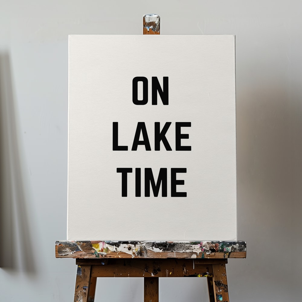 Schwarzer Schriftzug On Lake Time auf hellem Hintergrund