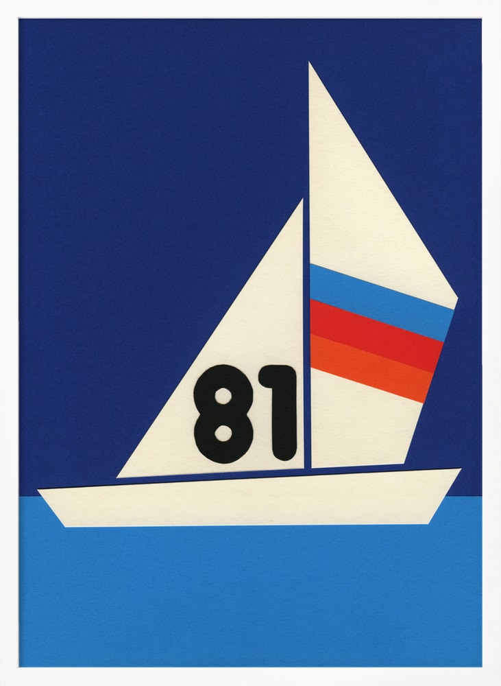 Grafische Illustration eines Segelboots mit Nummer 81 und gestreiftem Segel auf blauem Wasser