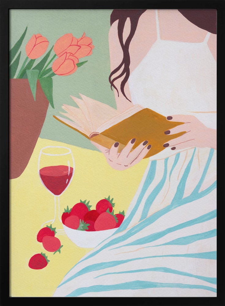 Illustration einer lesenden Frau mit Rotwein, Erdbeeren und Tulpen in Pastellfarben