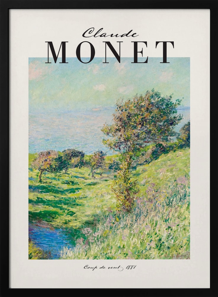 Ausstellungsplakat Claude Monet mit dem Gemälde Windstoß, schwarzer Schriftzug