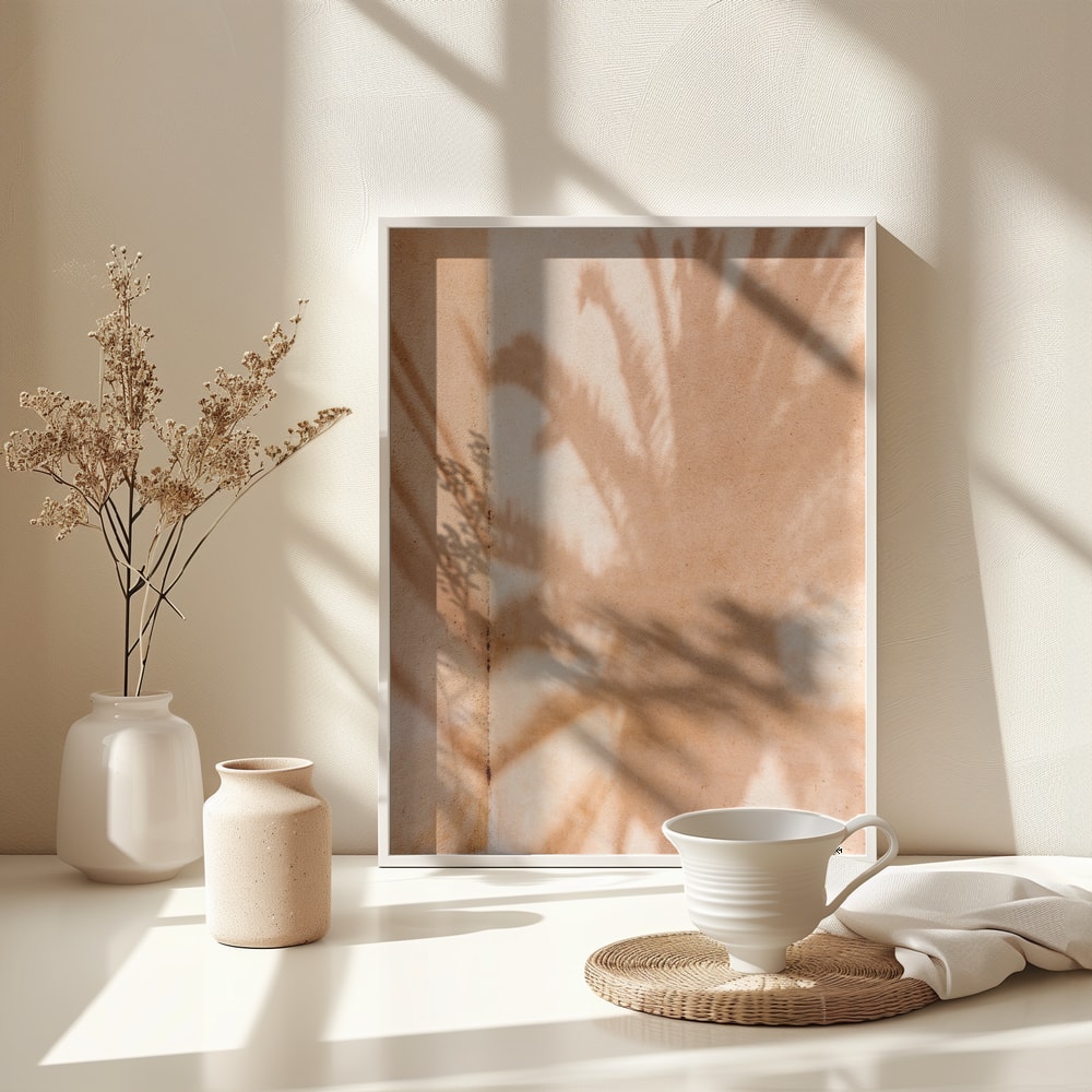Fotografie eines Palmenschattens auf einer sandfarbenen Wand
