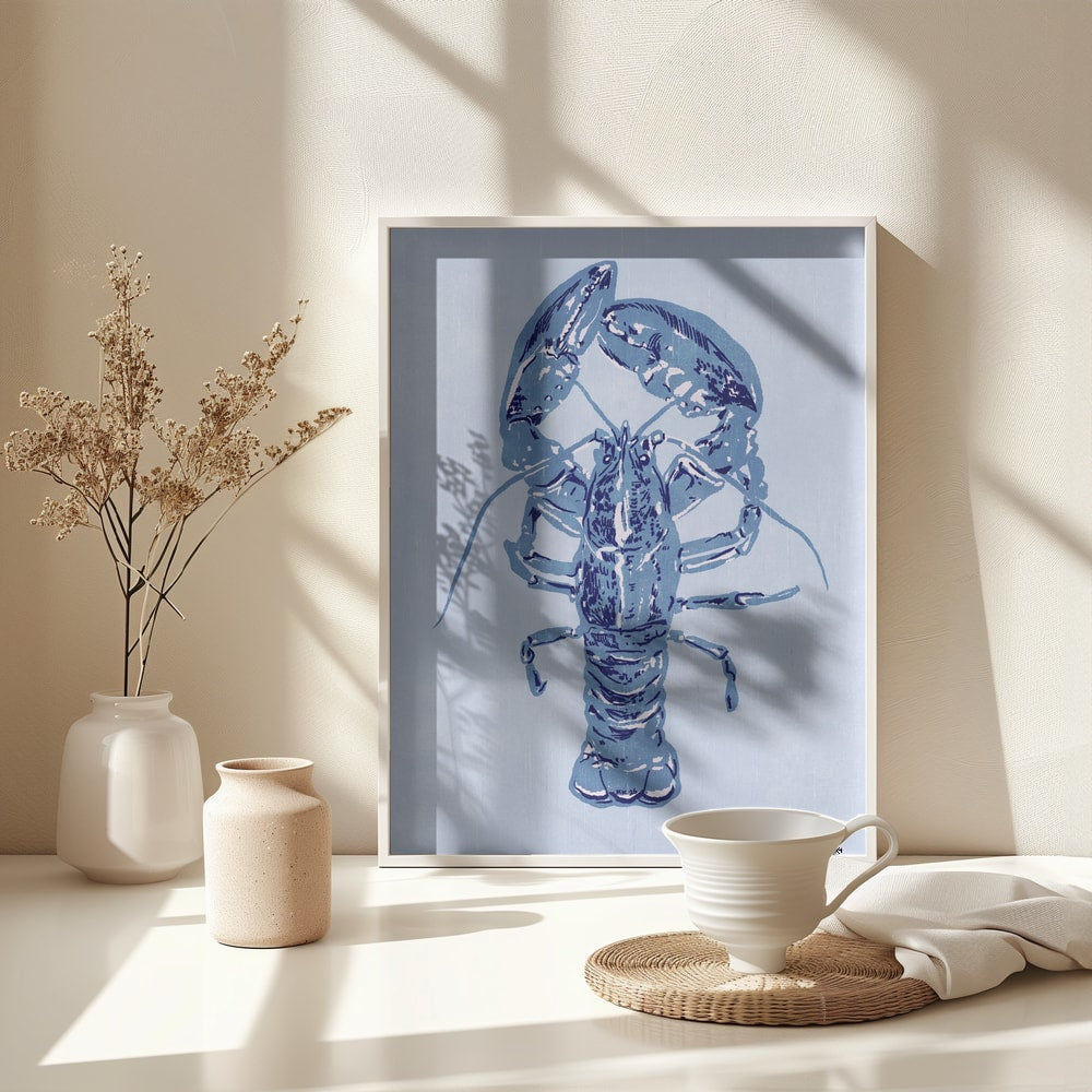 Illustration eines Hummers in Indigoblau auf hellblauem Hintergrund