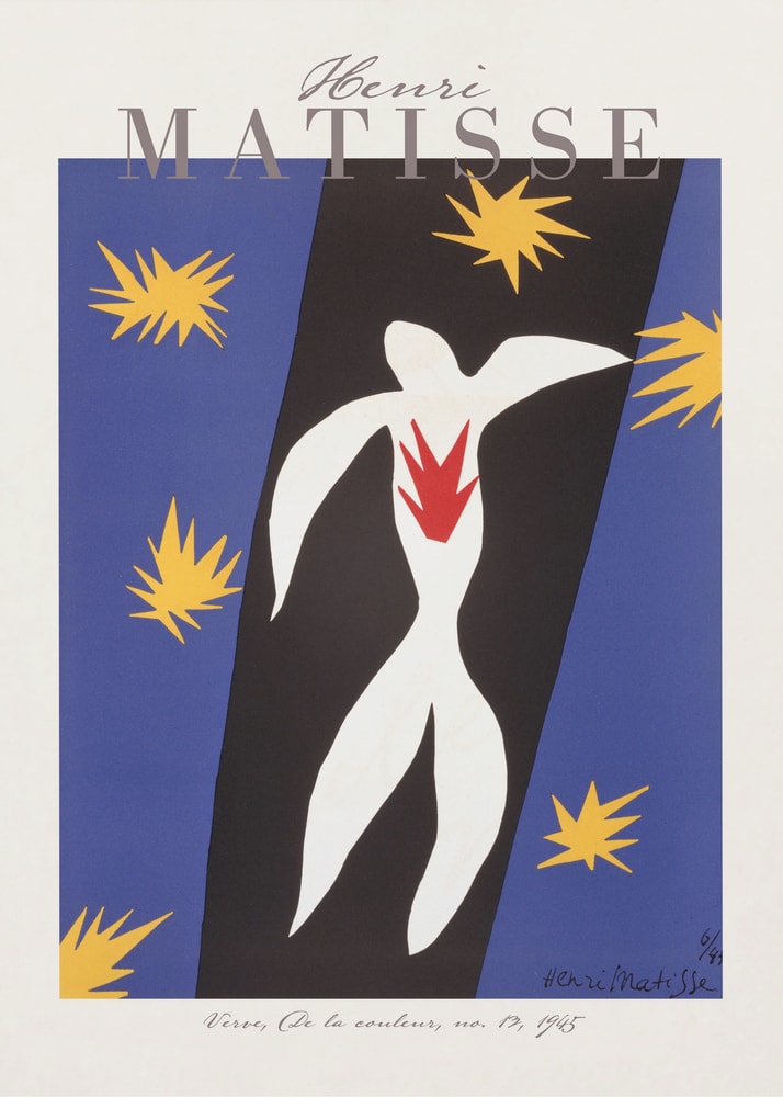 Ausstellungsplakat Henri Matisse mit weißer Ikarus-Figur und gelben Sternen auf Blau, grauer Schriftzug