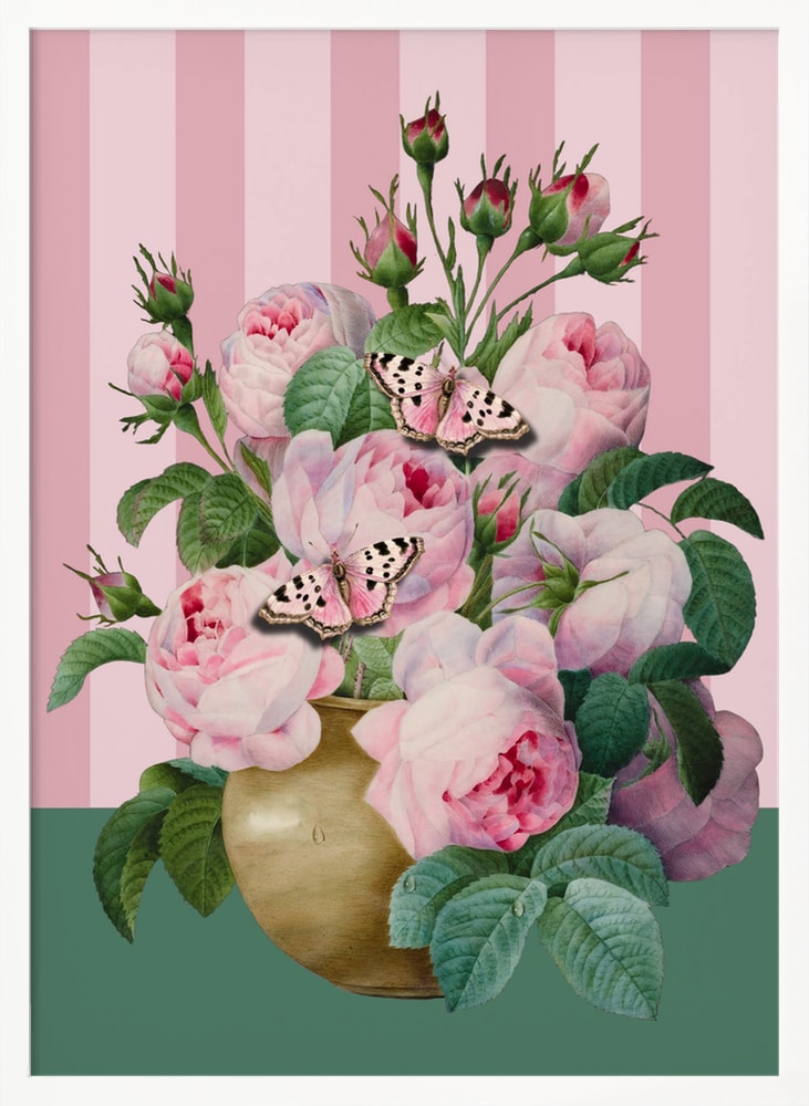 Illustration rosa Rosen in goldener Vase mit Schmetterlingen vor rosa gestreiftem Hintergrund