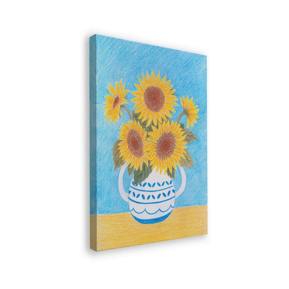 Buntstiftzeichnung von Sonnenblumen in blau-weißem Krug vor hellblauem Hintergrund