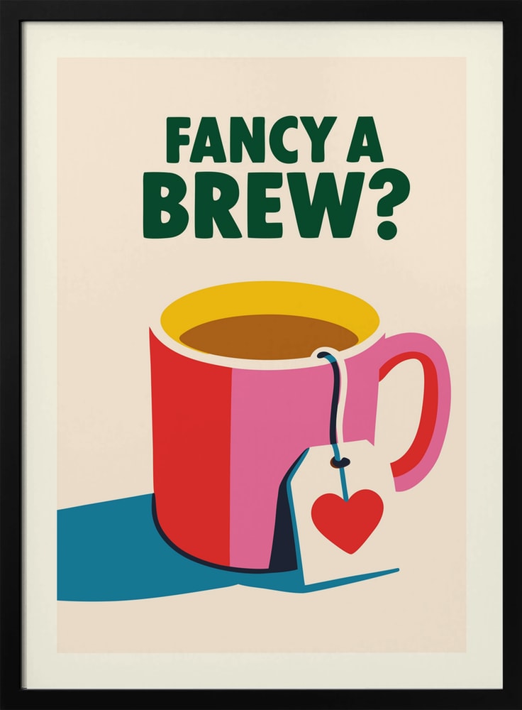 Illustration einer roten Tasse mit Teebeutel und Herzanhänger, Schriftzug Fancy a Brew