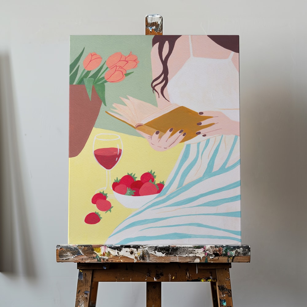 Illustration einer lesenden Frau mit Rotwein, Erdbeeren und Tulpen in Pastellfarben