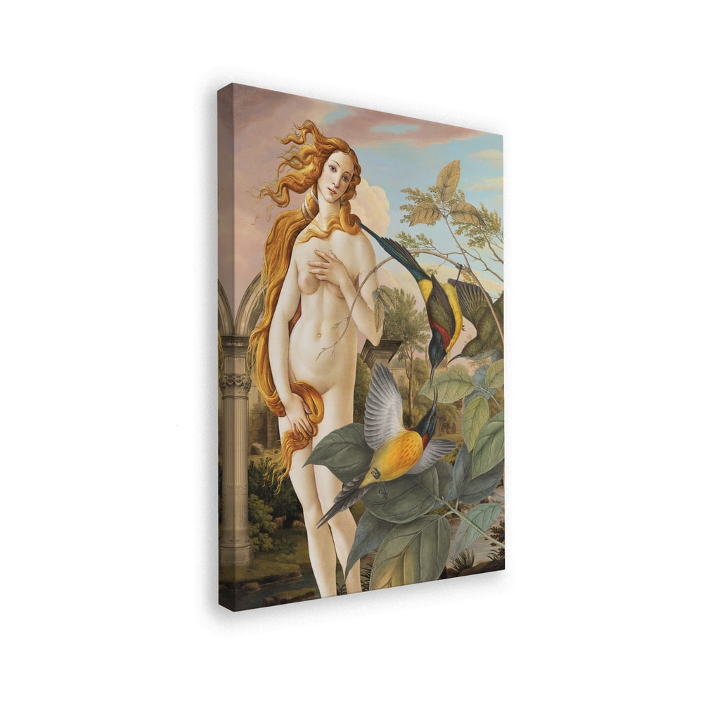 Collage der Venus von Botticelli zwischen bunten tropischen Vögeln und Pflanzen