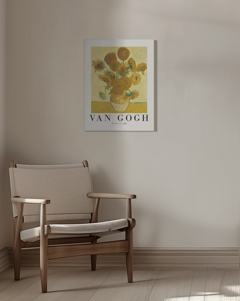 Ausstellungsplakat Vincent van Gogh mit dem Gemälde Sonnenblumen, Schriftzug unten