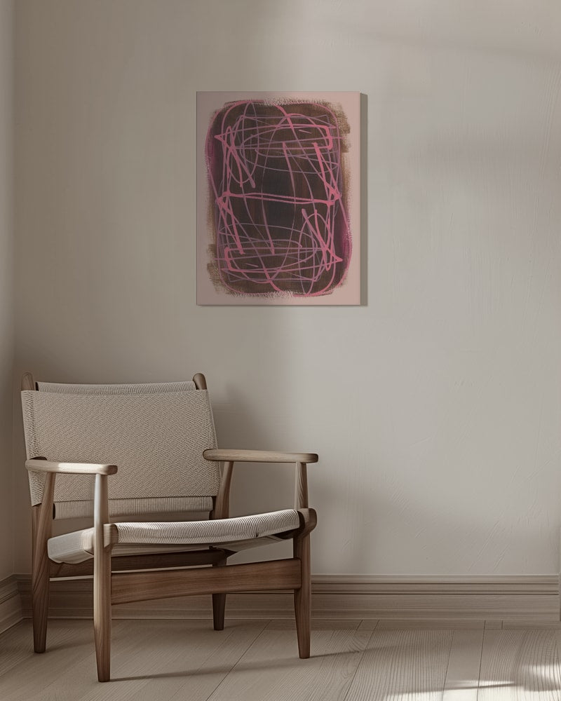 Abstraktes Knäuel aus pinken Linien auf dunkelbraunem Feld mit rosa Rand