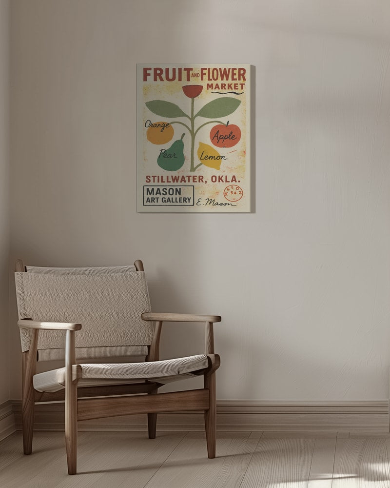 Vintage-Marktplakat mit Früchten an einer Pflanze und Schriftzug Fruit and Flower Market