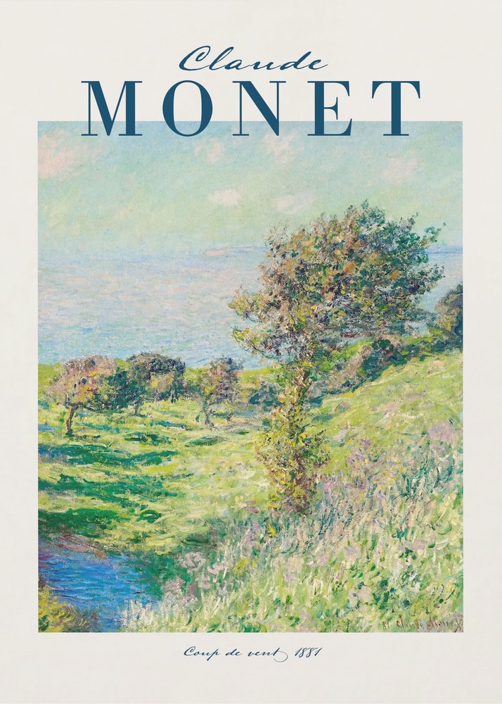 Ausstellungsplakat Claude Monet mit dem Gemälde Windstoß, dunkelblauer Schriftzug
