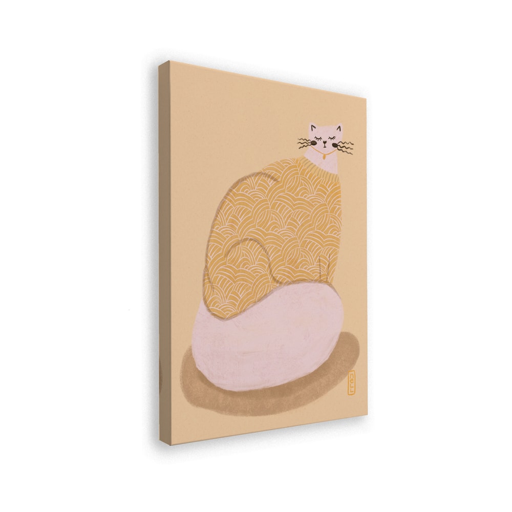 Illustration einer runden Katze im gelb gemusterten Pullover auf rosa Kissen