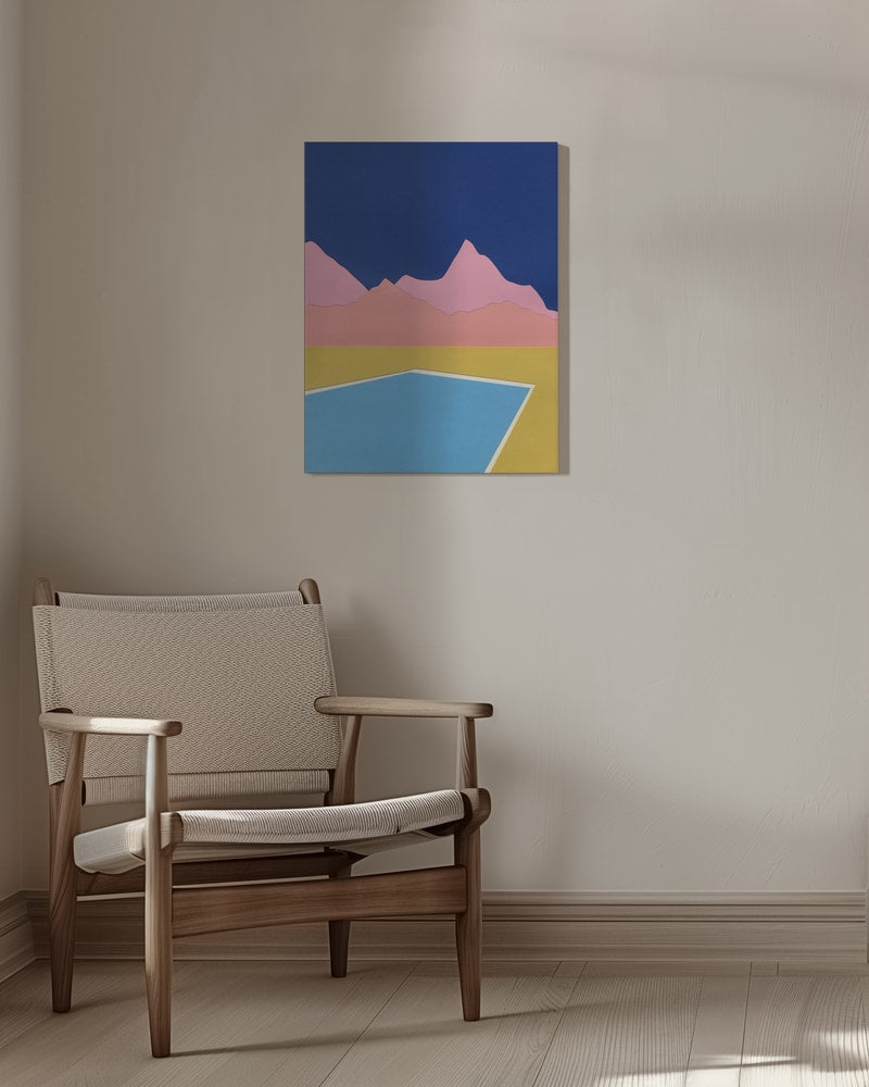 Grafische Illustration eines blauen Pools vor rosa Bergen und dunkelblauem Himmel