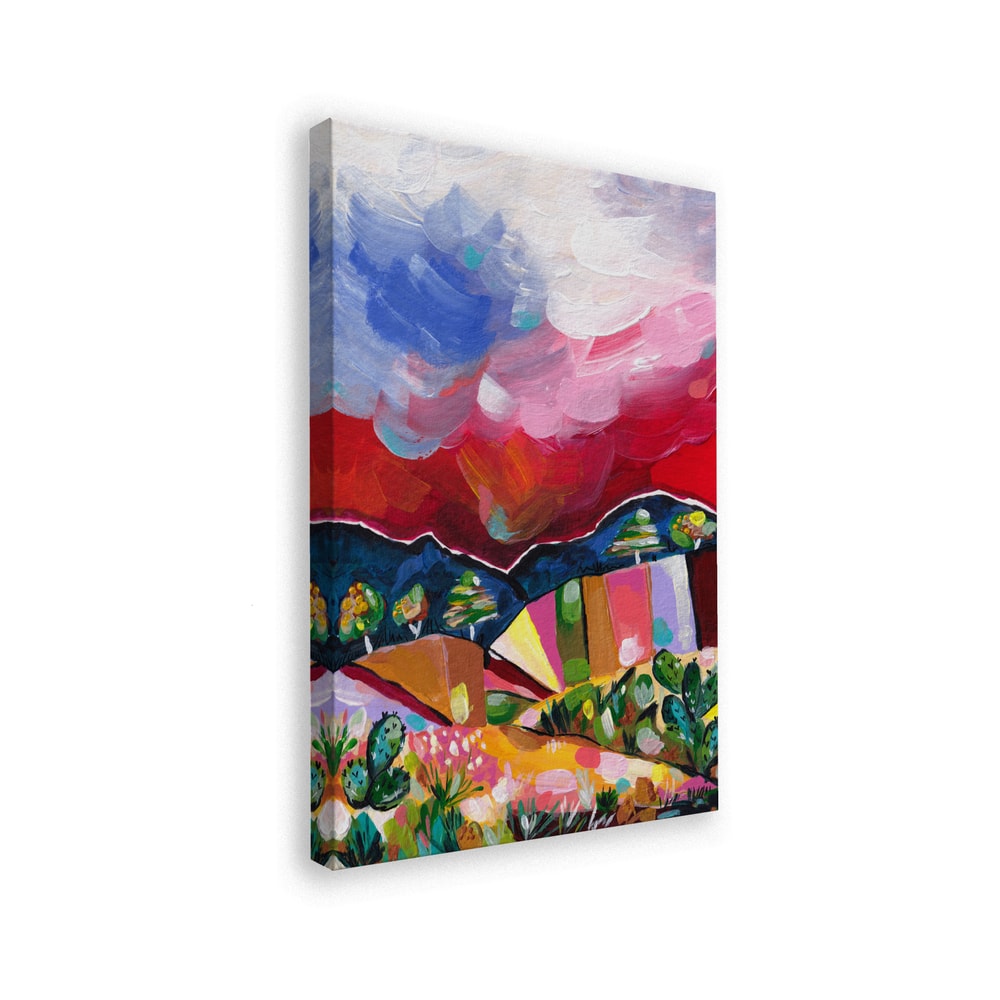 Expressives Gemälde einer bunten Wüstenlandschaft mit Kakteen und wolkigem Himmel