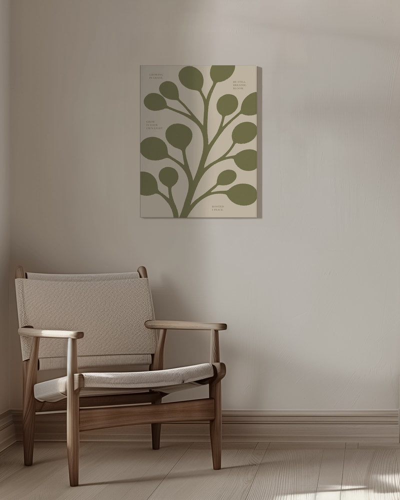 Stilisierter grüner Zweig mit runden Blättern auf Beige mit kleinen Textzeilen