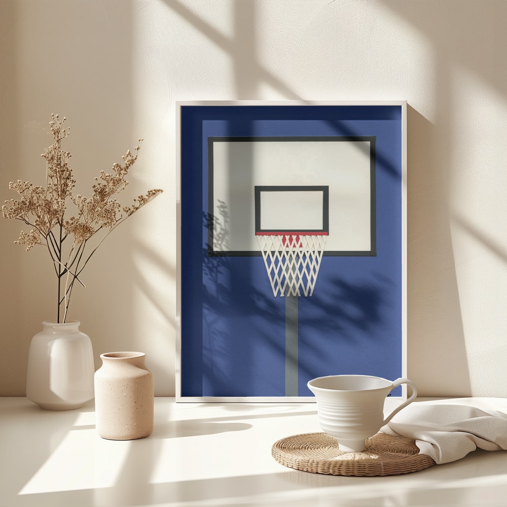Grafische Illustration eines Basketballkorbs vor dunkelblauem Hintergrund
