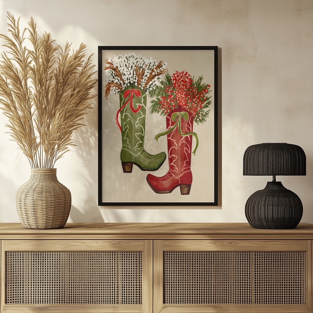 Illustration eines grünen und eines roten Cowboystiefels mit Beeren, Zweigen und Schleifen