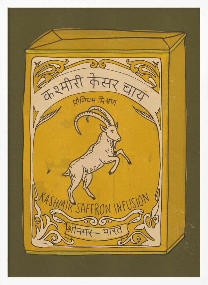 Illustration einer gelben Vintage-Teedose mit Steinbock und Schriftzug Kashmir Saffron Infusion