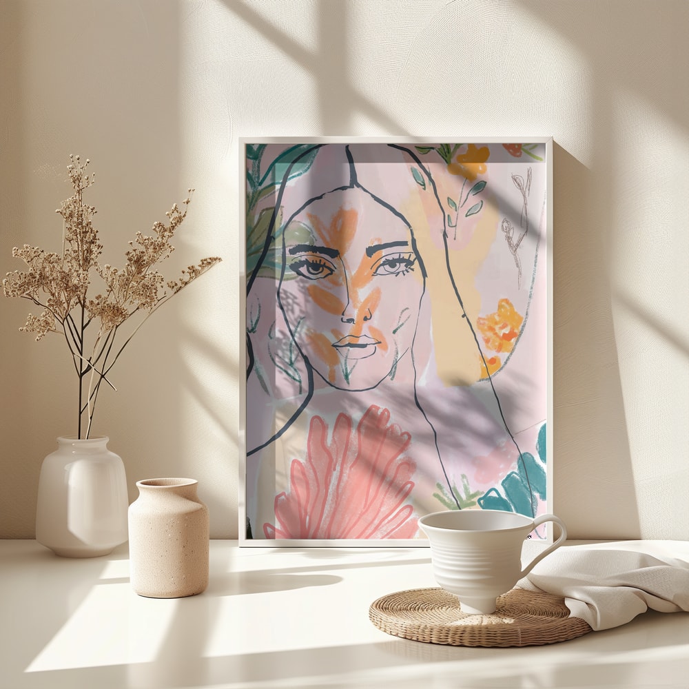 Linienzeichnung eines Frauengesichts zwischen rosa, orangen und grünen Blüten