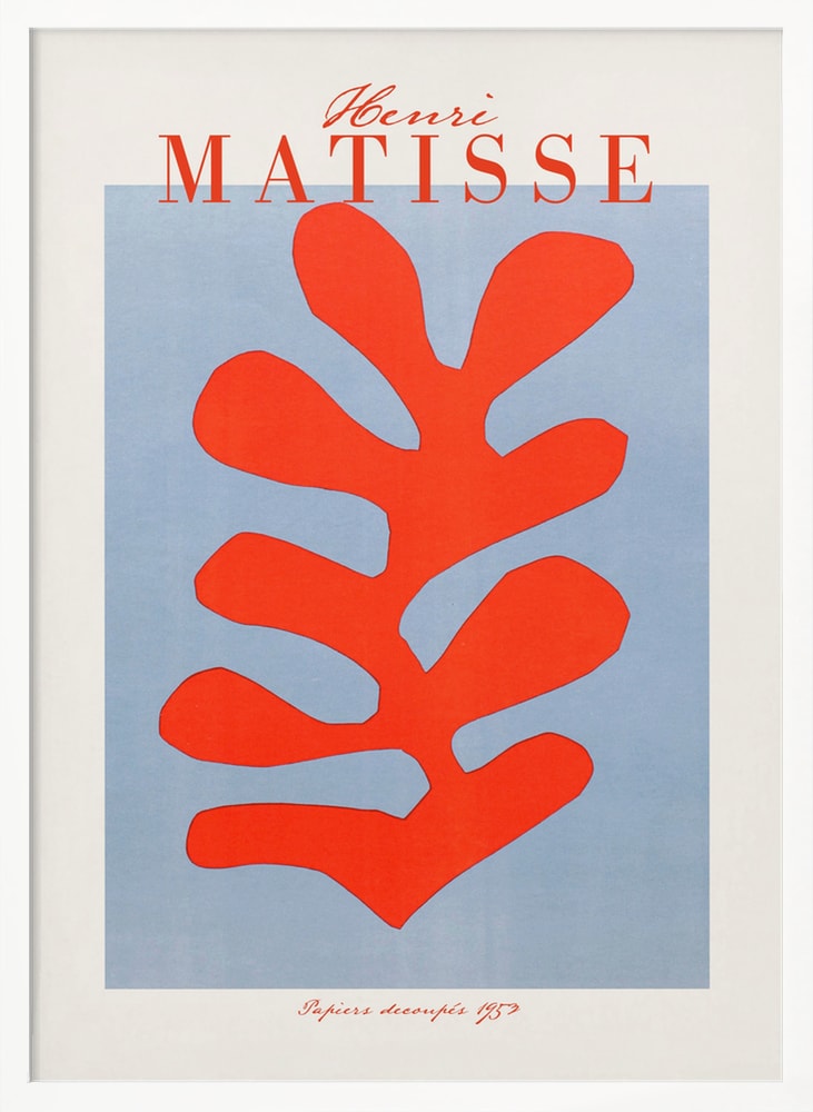 Ausstellungsplakat Henri Matisse mit korallenrotem Scherenschnitt-Blatt auf hellblauem Grund, roter Schriftzug